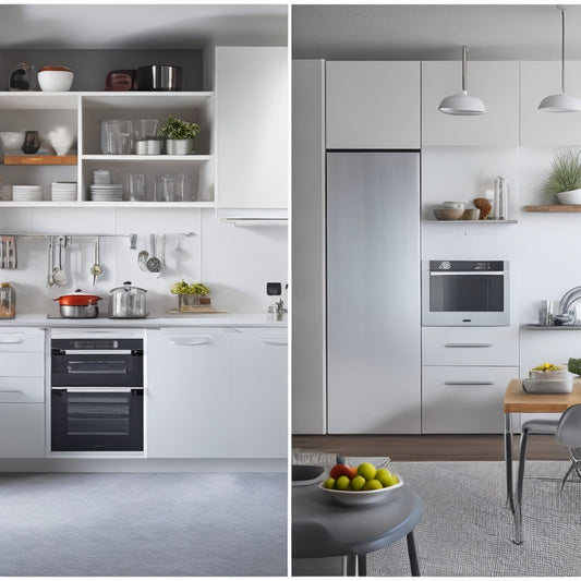 A modern kitchen with sleek, handleless cabinets, a wall-mounted appliance lift, and a slide-out utensil organizer, showcasing a clutter-free space with a few strategically placed kitchen gadgets.