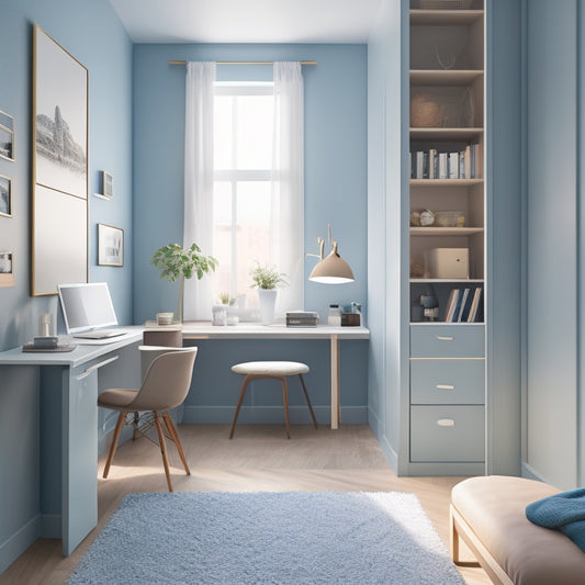 A cozy, 90 sqft apartment with pastel blue walls, a sleek Murphy bed, a compact desk, and a minimalist shelving unit, illuminated by a stylish floor lamp and plenty of natural light.