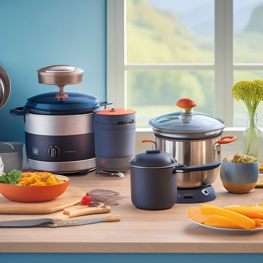 A small, modern kitchen counter with a compact cooking station, featuring a miniature induction cooktop, a portable slow cooker, a collapsible silicone pot, and a set of stackable, space-saving utensils.