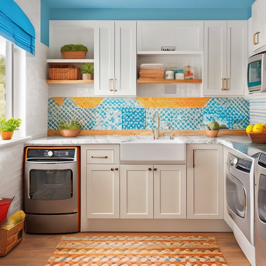 A bright, modern laundry room with three distinct style options: a rustic wooden table, a sleek white quartz countertop, and a bold colorful tile backsplash, each with matching appliances and accessories.