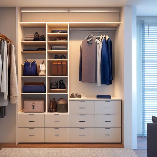 A minimalist, sleek, and modern closet with a large, wall-mounted digital screen displaying a virtual closet interface, surrounded by neatly organized clothes and accessories on shelves and rods.