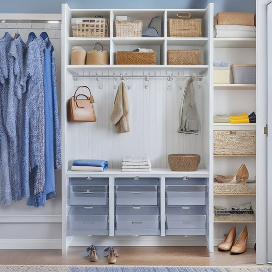A clutter-free closet with a mix of open shelves, drawers, and hanging rods, featuring a pegboard with hooks, baskets, and bins, and a shoe organizer on the back of the door.