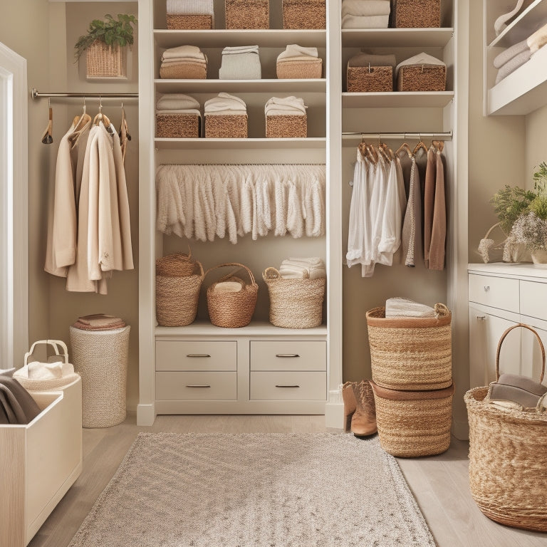 A serene, walk-in closet with cream-colored walls, rich wood shelves, and a soft, creamy carpet, featuring neatly arranged clothes on velvet hangers, and accessories organized in woven baskets.