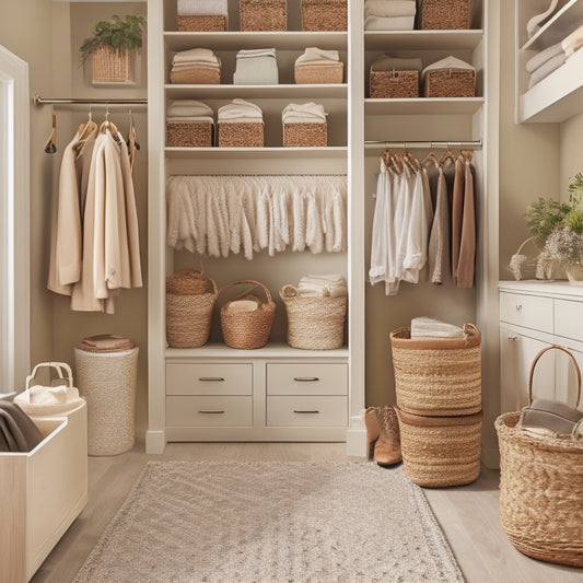 A serene, walk-in closet with cream-colored walls, rich wood shelves, and a soft, creamy carpet, featuring neatly arranged clothes on velvet hangers, and accessories organized in woven baskets.