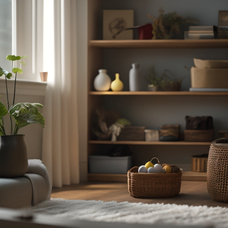 A serene, well-lit living room with a minimalist aesthetic, featuring a few, carefully chosen decorative items on a clutter-free shelf, and a labeled storage bin with a few toys spilling out.
