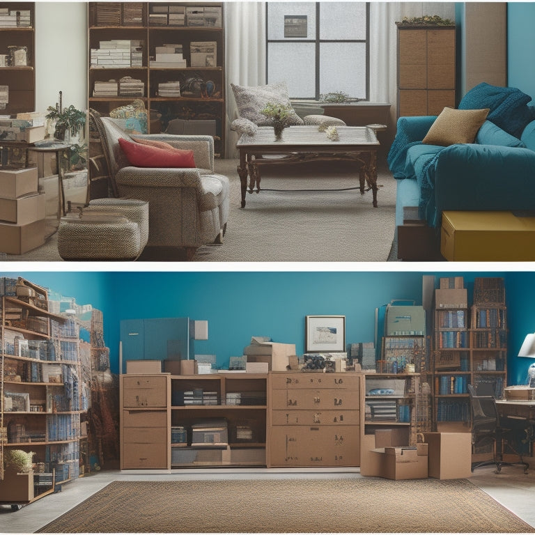 A split-screen image featuring a small, cluttered room overflowing with boxes and furniture on one side, and a series of neatly organized storage units in various sizes on the other.