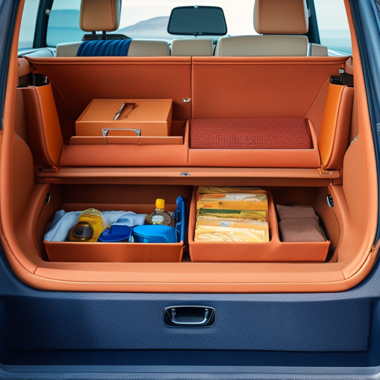 A clutter-free car interior with a neatly organized trunk, featuring stackable storage bins, a hanging organizer, and a console with designated compartments, showcasing a sense of calm and functionality.