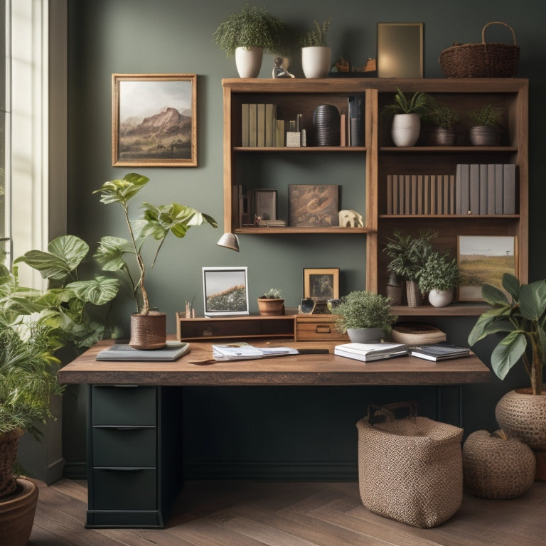 A serene, organized workspace with a wooden desk, a few categorized files, and a calming green plant, surrounded by subtle hints of various niches, such as a miniature business suit, a tiny medical symbol, or a small artistic paintbrush.