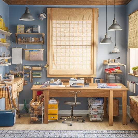 A well-organized sewing room with a large, wooden worktable in the center, surrounded by labeled storage bins, a pegboard with hung scissors and threads, and a built-in ironing board on the wall.