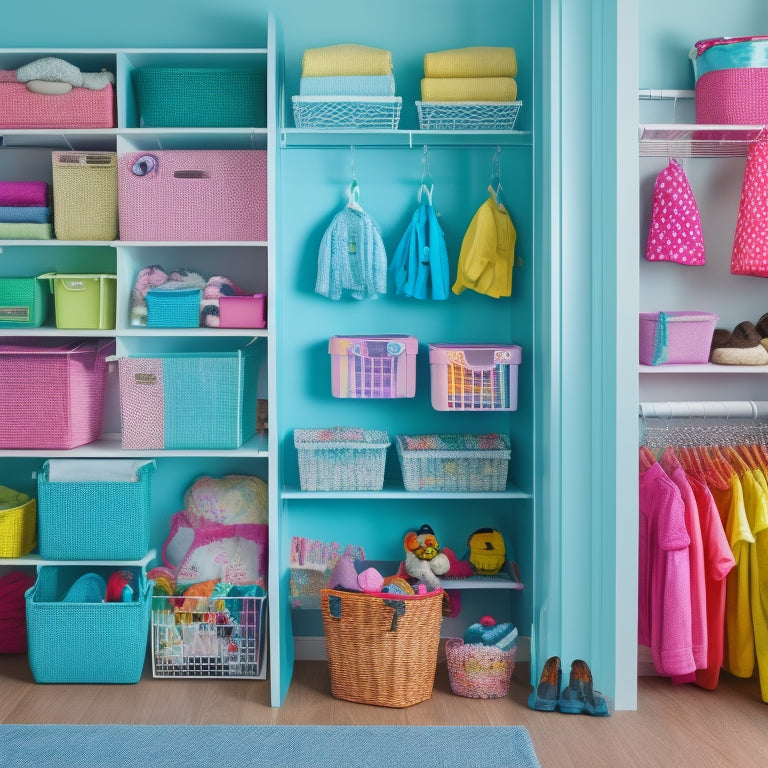 An organized kid's closet with pastel-colored bins and baskets on shelves, a hanging organizer with pockets, and a few toys and clothes neatly arranged on the floor.