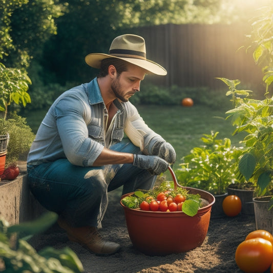 A young gardener, wearing a wide-brimmed hat and gloves, kneels beside a struggling tomato plant with yellowing leaves and a few ripe tomatoes, amidst a sunny backyard with a watering can nearby.