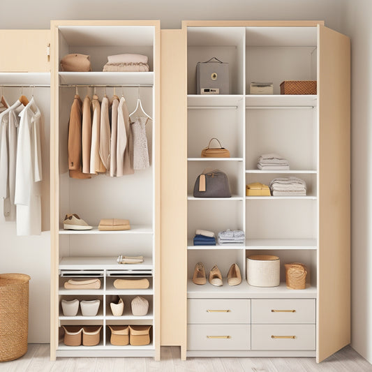 A tidy, minimalist closet interior with a compact shelving unit, sliding drawers, and a hanging rod with a few neatly organized outfits, set against a soft, creamy white background.