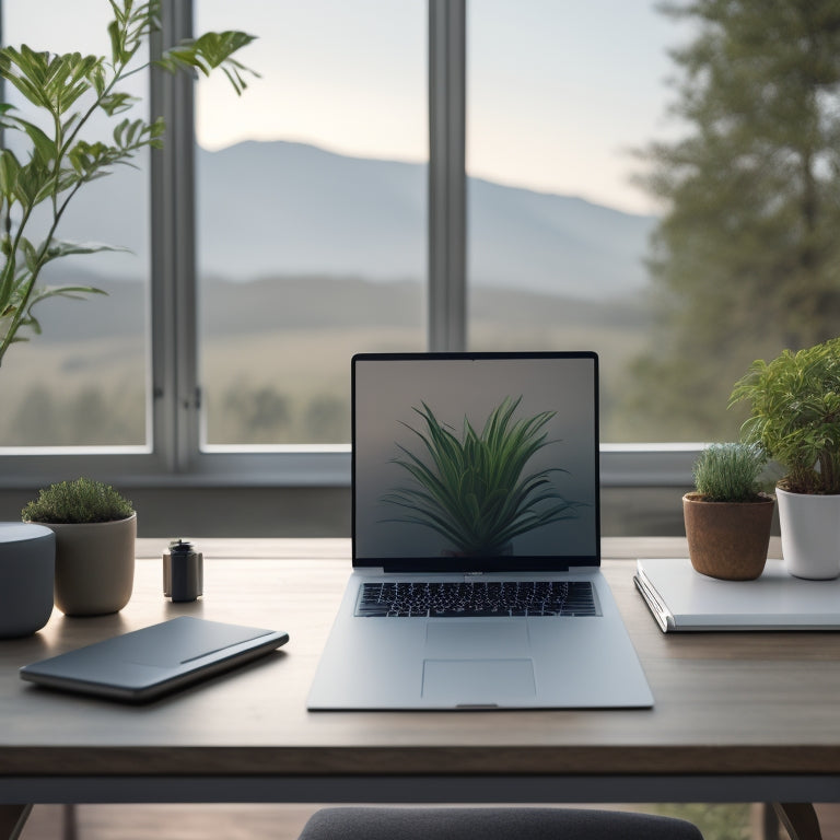 A minimalist desk with a sleek laptop, a few organized folders, and a tiny potted plant, set against a blurred background of a calm, serene natural landscape.