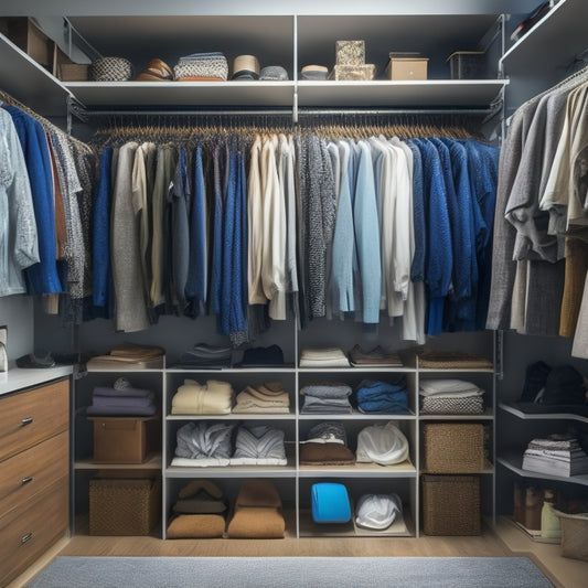 A cluttered closet with clothes scattered on the floor, tangled hangers, and overflowing shelves, contrasted with a sleek, organized closet in the background featuring a custom shelving system and neatly arranged belongings.