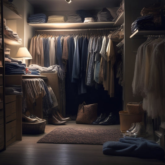 A dimly lit, cramped closet with clothes spilling out of bursting shelves, tangled hangers, and shoes scattered across the floor, with a faint reflection of a frustrated person in the mirror.