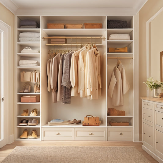 A serene, organized closet interior with cream-colored walls, wooden shelves, and a floor-to-ceiling storage unit, featuring neatly arranged clothes, shoes, and accessories, lit by soft, warm lighting.
