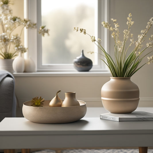 A serene living room with a few, carefully selected decorative items, a minimalist coffee table, and a vase with a single stem of blooming flower on a tidy shelf against a calming, muted background.