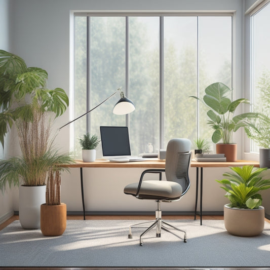 A minimalist illustration of a modern office space with a curved desk, ergonomic chair, and a few strategically placed plants, surrounded by a subtle grid pattern and soft, natural light.