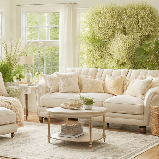 A bright, airy living room with a plush cream-colored sofa, adorned with vibrant floral throw pillows and a matching ottoman, surrounded by lush greenery and delicate white flowers in elegant vases.