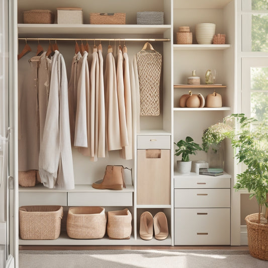 A serene, well-organized closet with soft, natural light, featuring a mix of neutral and pastel hues, wooden shelves, and a few stylish outfits on hangers, surrounded by lush greenery.