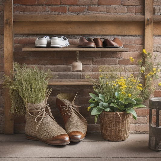 A rustic wooden shoe rack with distressed finishes, adorned with vintage metal hooks and a woven basket, placed against a neutral-toned brick wall with a few scattered wildflowers.