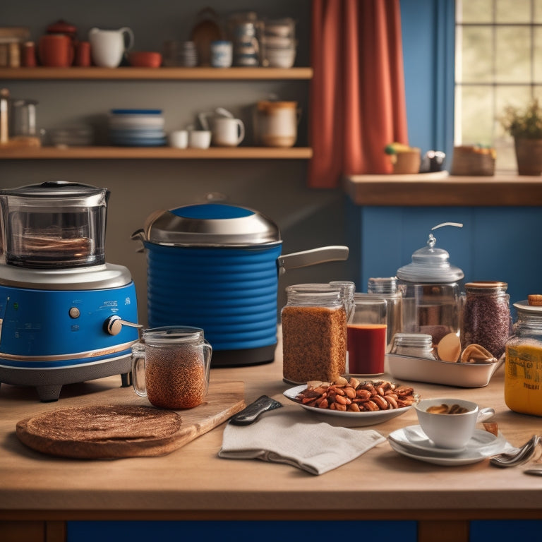 A cluttered kitchen counter with a toaster, blender, and coffee maker pushed to the edge, surrounded by scattered utensils, recipe books, and a messy stack of plates, with a small, empty trash can in the corner.