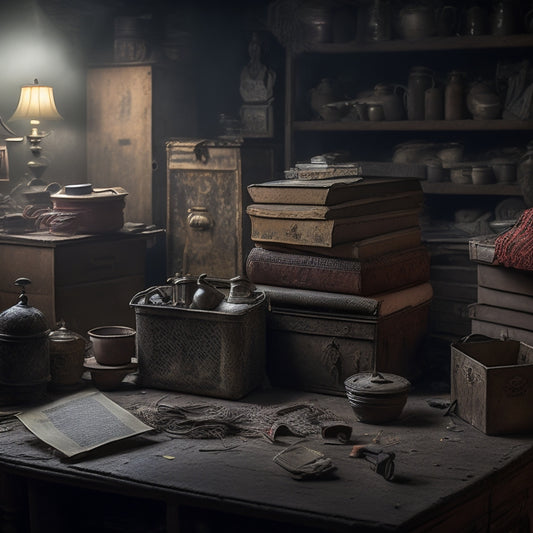 A dimly lit, cluttered room with dusty, forgotten objects stacked haphazardly in the corners, with a faint glow emanating from behind the piles, hinting at hidden treasures or secrets.