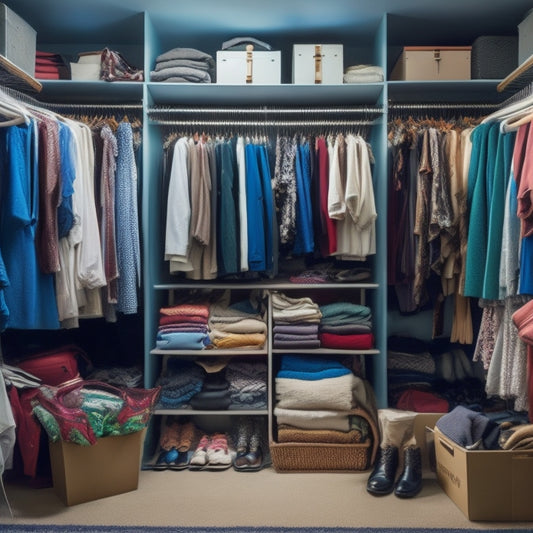 A messy closet with clothes scattered on the floor, tangled hangers, and shoes piled high, contrasted with a tidy section featuring neatly folded clothes, organized shelves, and a few stylish accessories.
