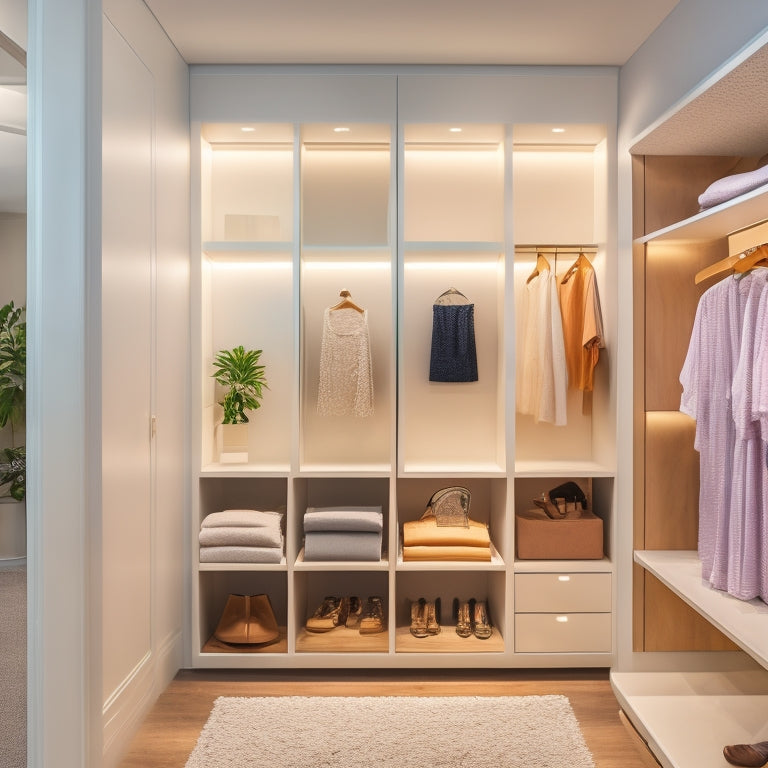 A serene, minimalist closet interior with sleek, floor-to-ceiling shelves, soft-close drawers, and a built-in bench, illuminated by warm, soft LED lighting and a large, ornate mirror.