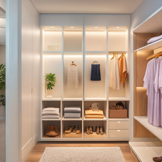 A serene, minimalist closet interior with sleek, floor-to-ceiling shelves, soft-close drawers, and a built-in bench, illuminated by warm, soft LED lighting and a large, ornate mirror.