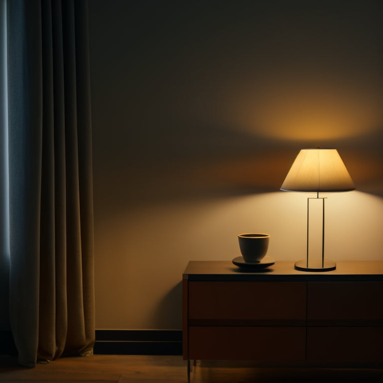 A dimly lit, minimalist room with a few pieces of modern furniture, showcasing two awkward corners with bare walls, one with a small, empty shelf and the other with a lone, forgotten lamp.