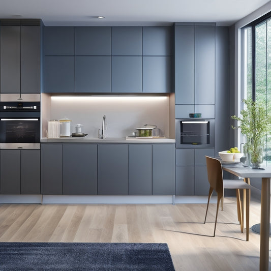 A sleek, modern kitchen with a compact island, featuring a built-in induction cooktop, a retractable downdraft range hood, and a slide-out trash can, surrounded by minimalist cabinets and a wall-mounted pot rack.