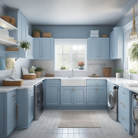 A bright, modern laundry room with sleek cabinets, a large island with built-in sorting bins, a hanging rod with a shelf above, and a utility sink with a folding counter.