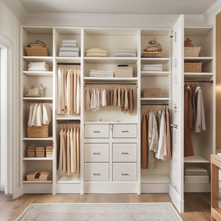 A serene, well-lit closet interior with creamy white walls, polished wood floors, and a mix of open shelves, drawers, and double rods, showcasing a harmonious balance of storage and style.