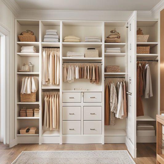 A serene, well-lit closet interior with creamy white walls, polished wood floors, and a mix of open shelves, drawers, and double rods, showcasing a harmonious balance of storage and style.