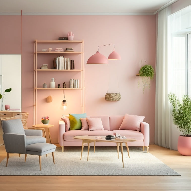 A minimalist, modern living room with a wall-mounted foldable dining table, a compact sectional sofa, and a space-saving ladder bookshelf, surrounded by soft, calming lighting and pastel colors.