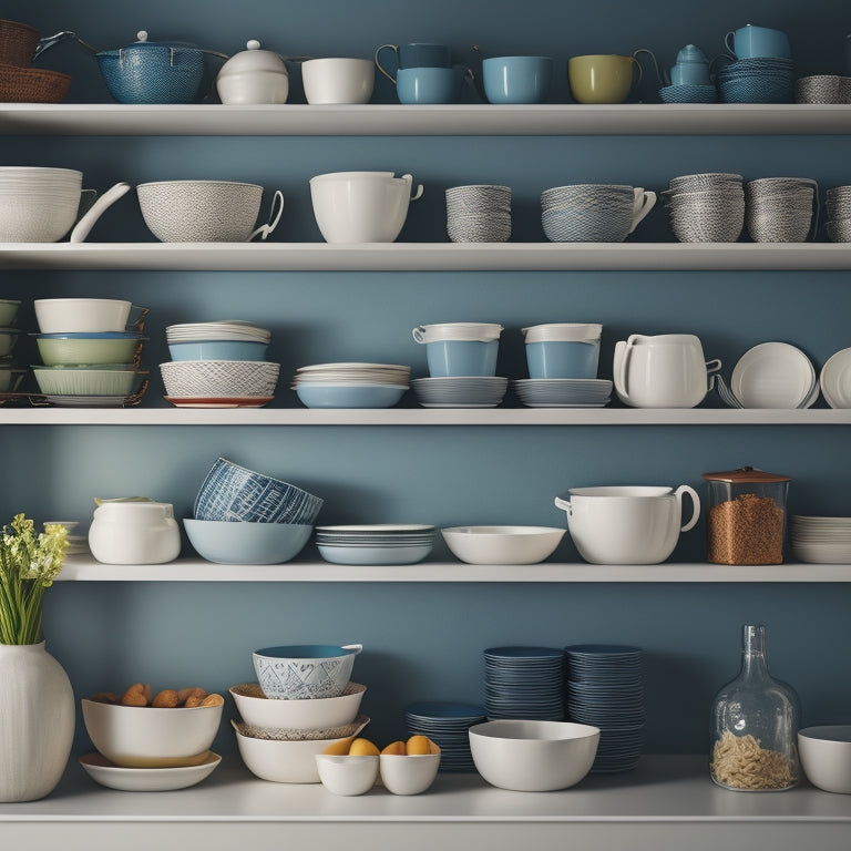 A cluttered kitchen cabinet with stacks of plates, bowls, and cups teetering on the edge, contrasted with a tidy adjacent cabinet featuring sleek, divided shelves and organized cookware storage.