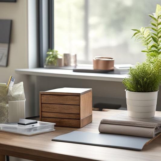 A minimalist, clutter-free workspace with a label maker, a storage bin, and a desk organizer centered on a wooden desk, surrounded by subtle, natural lighting and a hint of greenery.
