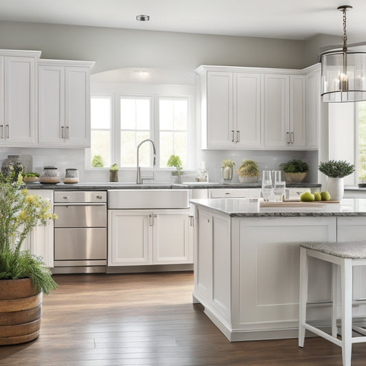 A serene kitchen with creamy white cabinets, stainless steel appliances, and a large island with a built-in sink, surrounded by ample counter space and a few, carefully placed, decorative vases.