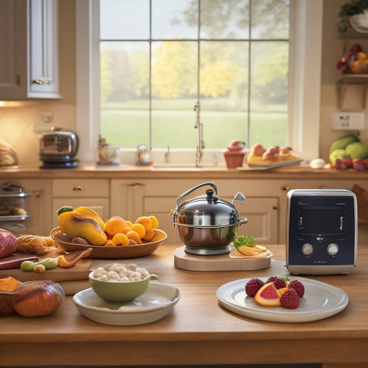 A warm, well-lit kitchen counter with 10 senior-friendly devices, including a large-button microwave, ergonomic utensils, and a medical alert system, arranged artfully amidst fresh fruit and baked goods.