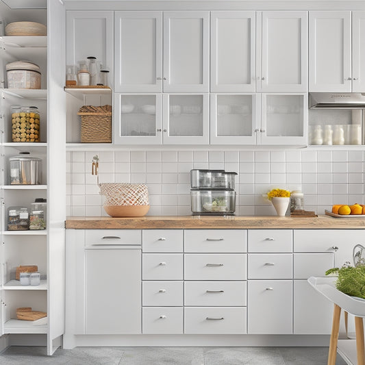 A bright, modern kitchen with sleek white cabinets, featuring a pull-out pantry, a utensil organizer drawer, a wall-mounted spice rack, and a set of stackable containers on a countertop.