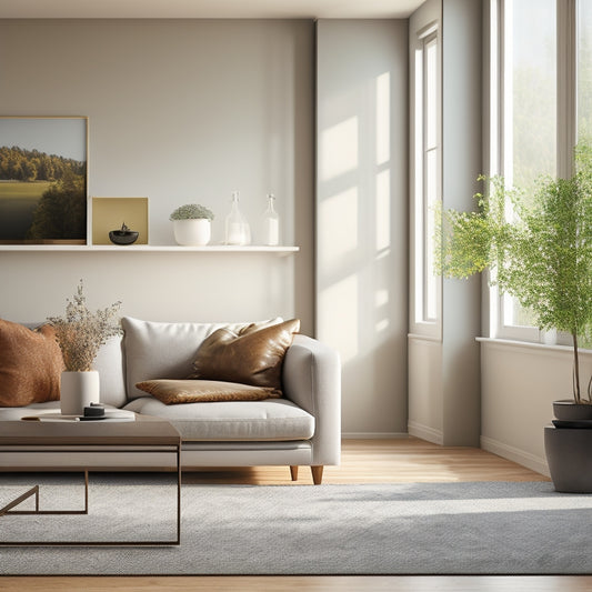 A serene, minimalist living room with a sleek, low-profile storage unit, a few, carefully placed decorative objects, and a large window with a subtle, natural light filtering through.