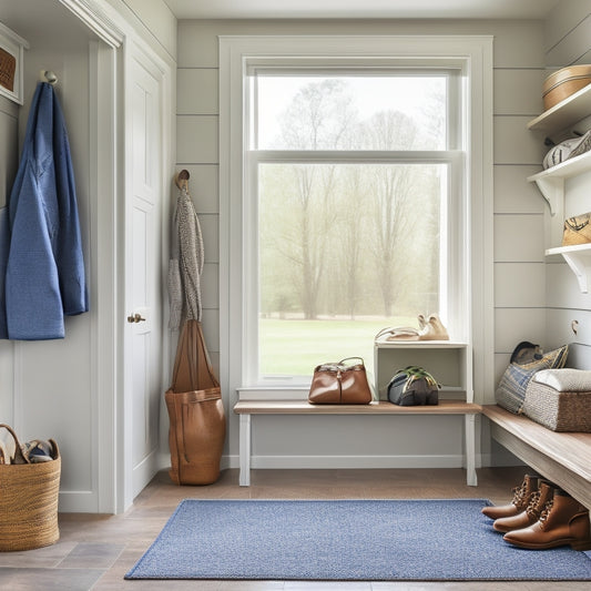 A bright, organized mudroom with a built-in bench, hooks, and shelves in a calm color palette, featuring a few pairs of shoes, baskets, and a few jackets hung neatly, with natural light pouring in.