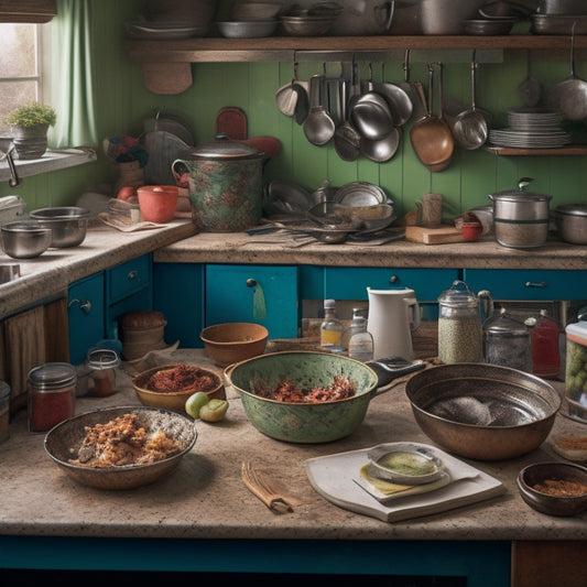 A cluttered kitchen countertop with piles of dirty dishes, appliances covered in dust, expired food, and scattered cookbooks, surrounded by worn-out utensils and a messy sink area.