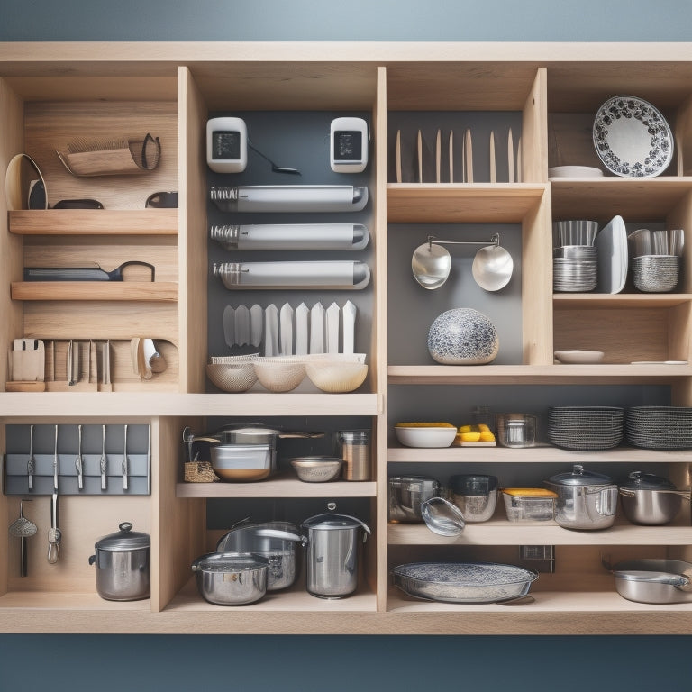 A tidy kitchen drawer with various dividers, compartments, and inserts, showcasing organized utensils, cookware, and gadgets, with a mix of wood, metal, and ceramic elements in a warm, inviting color scheme.