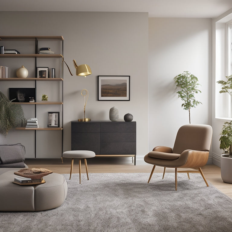 A brightly lit, modern living room with a sleek, minimalist aesthetic, featuring a hidden storage ottoman, floor-to-ceiling shelves, and a Murphy desk with a foldable chair.