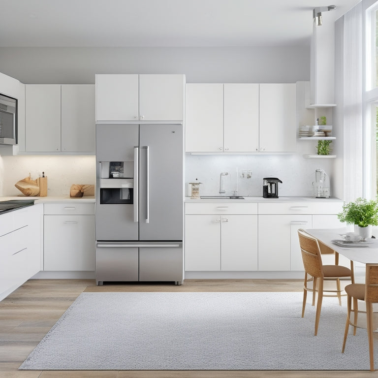 A modern, sleek kitchen with a compact refrigerator, stove, and dishwasher in a row, surrounded by minimalist white cabinets and a light-wood countertop, with plenty of open space around.