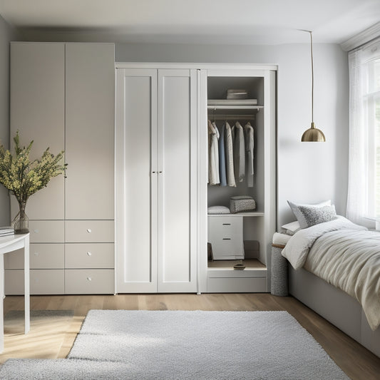 A serene, well-lit bedroom with a floor-to-ceiling Ikea closet system in a soothing white and gray color scheme, featuring sliding doors, shelves, and drawers, surrounded by minimalist decor.