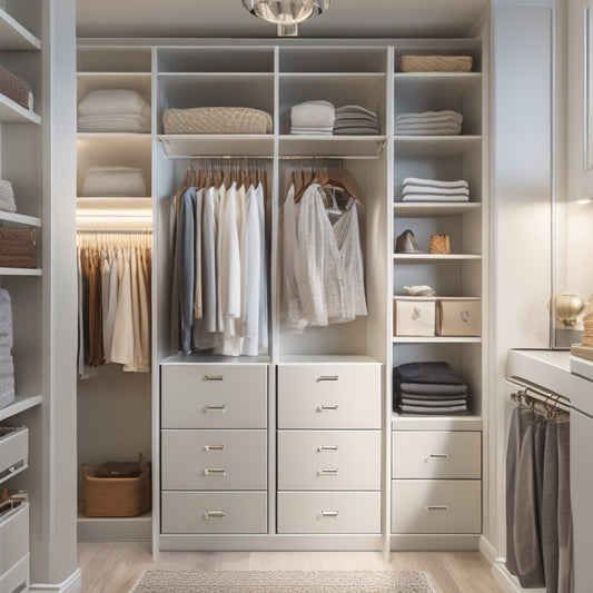A serene, organized small closet with soft, warm lighting, featuring a mix of open shelves, drawers, and hanging rods, adorned with minimal, modern decor and a few stylish storage bins.