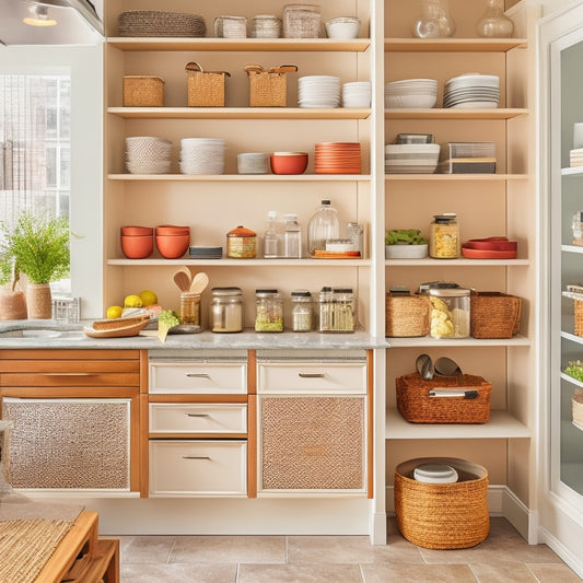 A bright, modern kitchen with open cabinets showcasing creative storage solutions: baskets, hooks, and dividers, alongside a utensil organizer and a pull-out spice rack, all in a warm, neutral color palette.